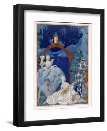 Ball under the Blue Moon, Illustration For Fetes Galantes by Paul Verlaine - Black Framed Art Print Wall Art, 9x12