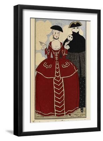 Woman wearing a 19th century dress in red with cream lace, a black hat and carrying a white mask - Black Framed Art Print Wall Art, 12x18 Woman wearing a 19th century dress in red with cream lace, a black hat and carrying a white mask - Black Framed Art Print Wall Art, 12x18